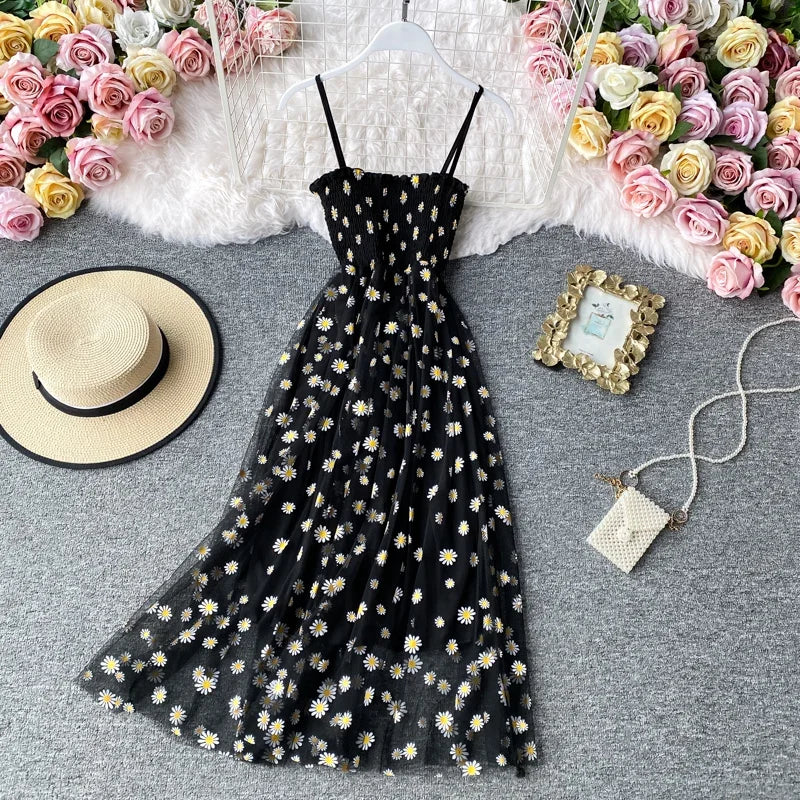 Women daisy Print Dresses Summer Sexy Lace Mesh Dress Spaghetti Strap Ruched Floral