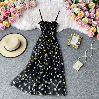 Women daisy Print Dresses Summer Sexy Lace Mesh Dress Spaghetti Strap Ruched Floral