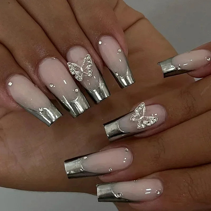 24Pcs Simple Blue French Fake Nails with Diamond Love Pattern Design False Nails Press on Mid-length Ballet Full Cover Nail Tips