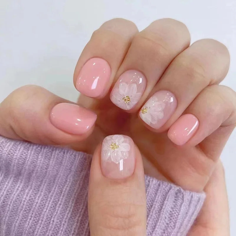 24Pcs Short Square Nude Fake Nails Art White Edge Glossy Artificial French False Nails Removable Full Cover Press on Nail Tips