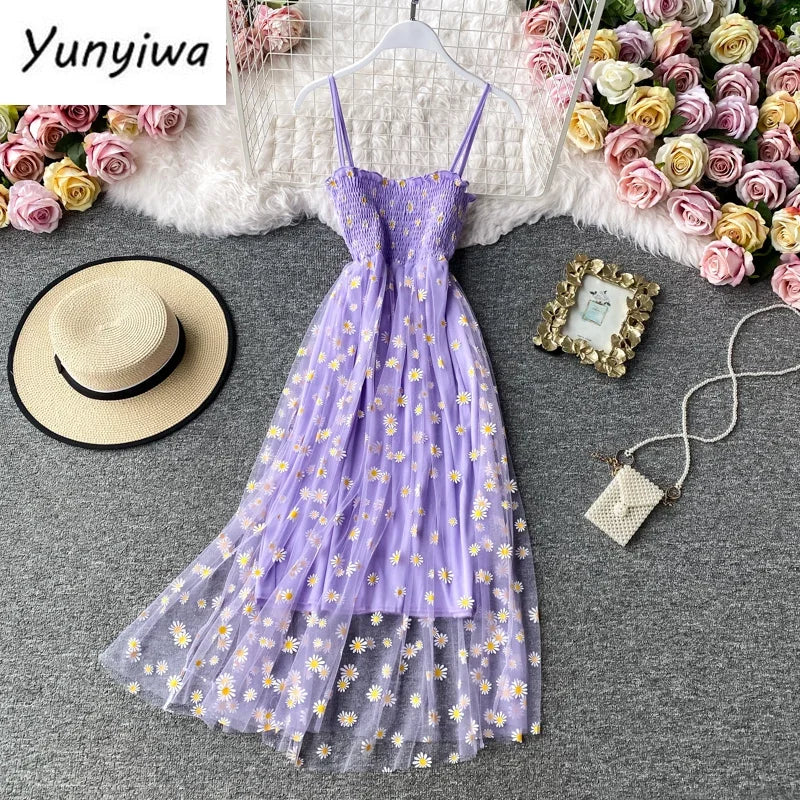 Women daisy Print Dresses Summer Sexy Lace Mesh Dress Spaghetti Strap Ruched Floral