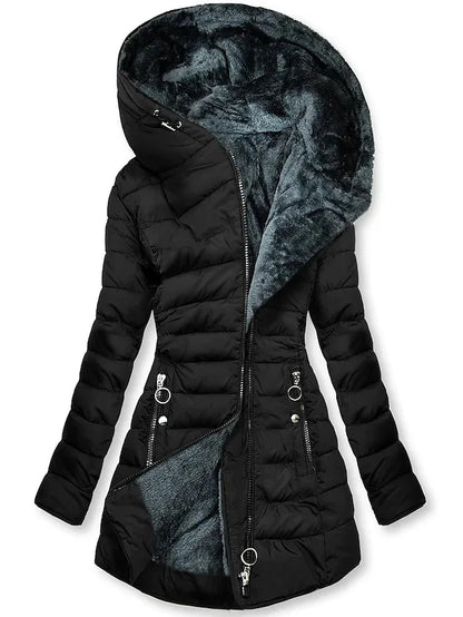 Women Parkas Hooded Solid Zipper Splice Midi Coats Long Sleeve Pockets Slim Fit Thick coats