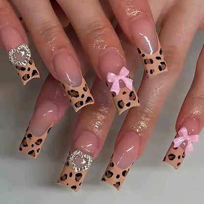Luxury Ladies 24Pcs/Set Super Long Square French Leopard Print Pink Bow Heart Decoration Wearable Fake Nail  Press on Nail Art