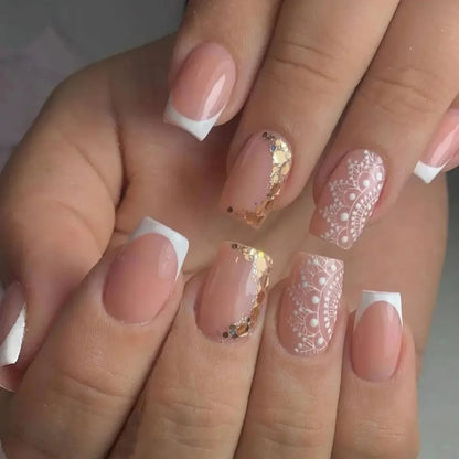 24Pcs Short Square False Nails Simple French Fake Nails Press on Nails Full Cover Nail Tips Detachable DIY Manicure
