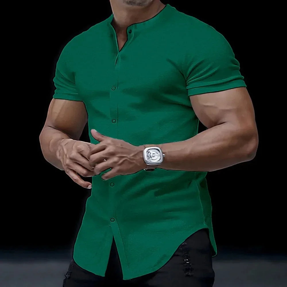 2025 Fashion Men's Stand Collar Short-sleeved Shirts Summer Solid Slim Casual Cardigan Versatile T-shirts Social Blouses for Men