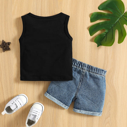 Infant Baby Toddler Boys Summer Outfit Set Round Neck Sleeveless Letter Print Tank Tops with Ripped Denim Shorts 3M-3T