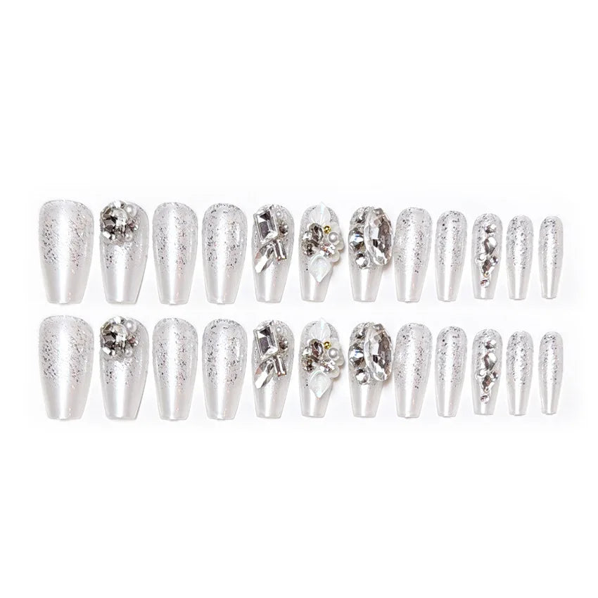 24pcs Luxury Mid-Long Ballet False Nails Set Glittering Rhinestone+Handmade Flowers Press-on Fake Nail Glossy Patch For Bridal