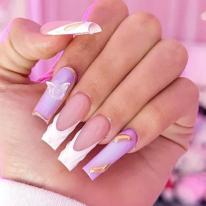 24Pcs Long Ballet False Nails Pink Butterfly with Rhinestones French Design Wearable Fake Nails Glitter Press on Nails Tips Art