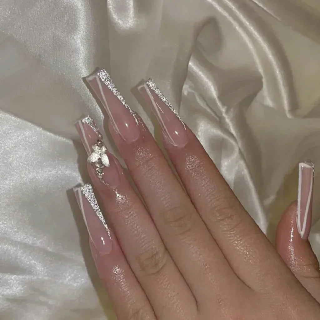 24Pcs Gradient Long Coffin False Nails with Green Rhinestones Design Black Square French Full Cover Press on Nail Tips for Girls