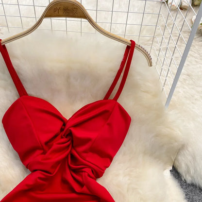 Sexy Spaghetti Strap Dress Women's Side Slit Hip Wrap Mini Dress