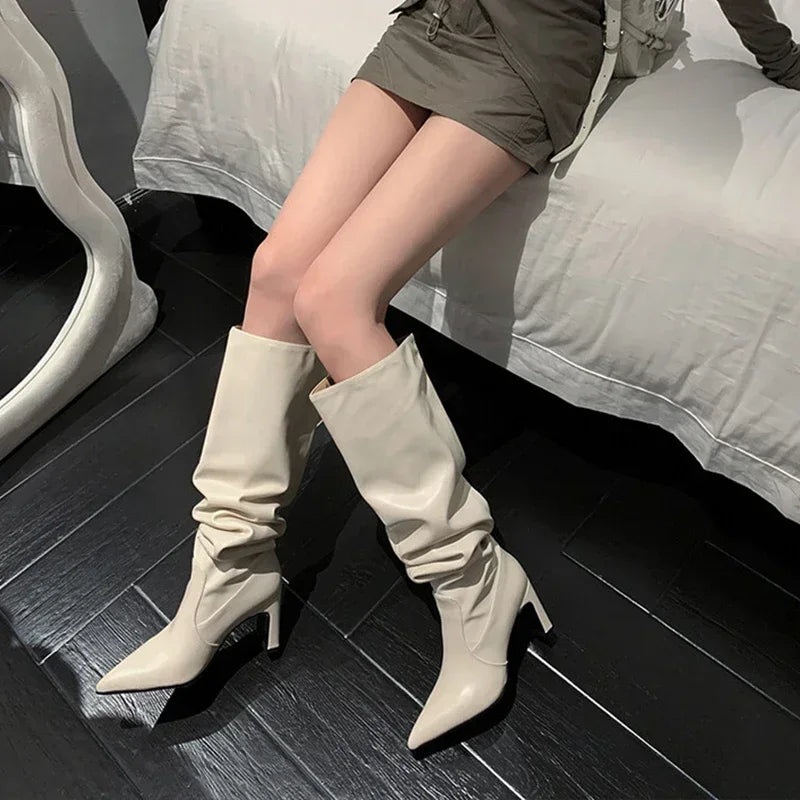 JOZHAMTA Size 34-43 Knee Boots For Women Real Leather Thick High Heels Winter Shoes Fall Fashion