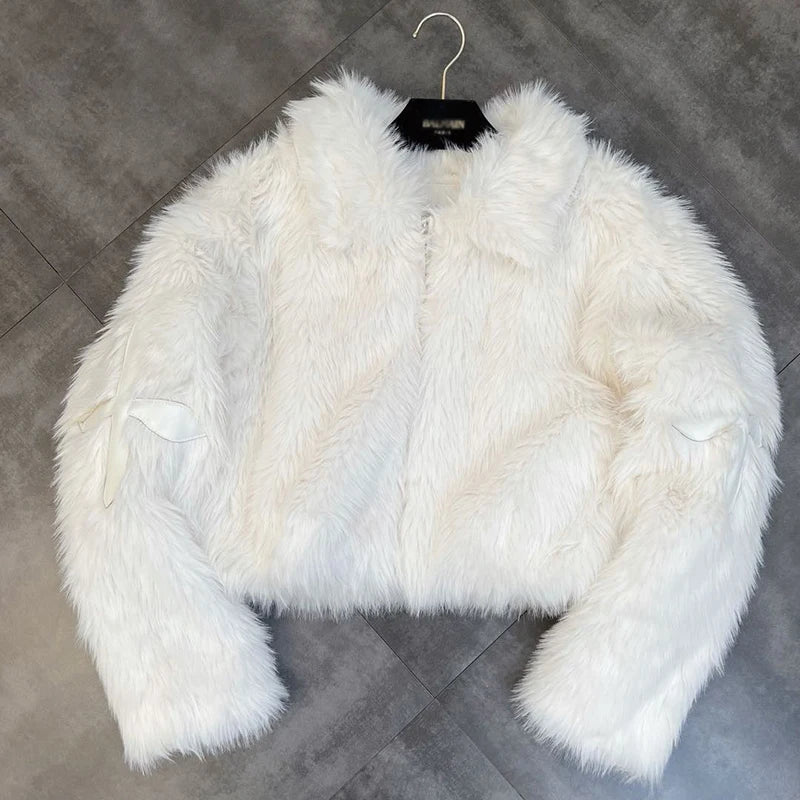 Winter Women Cotton Jacket Lapel Long Sleeve Patch Cross Short Fur Coat Black
