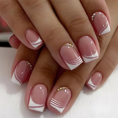 24Pcs Short Square Nude Fake Nails Art White Edge Glossy Artificial French False Nails Removable Full Cover Press on Nail Tips