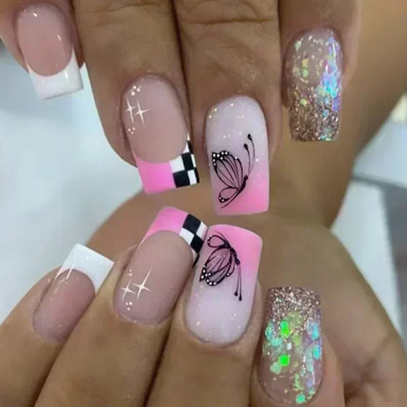 24Pcs Short Square French False Nails with Flower Shiny White Edge Design Pink Glitter Fake Nails Full Cover Press on Nails Tips