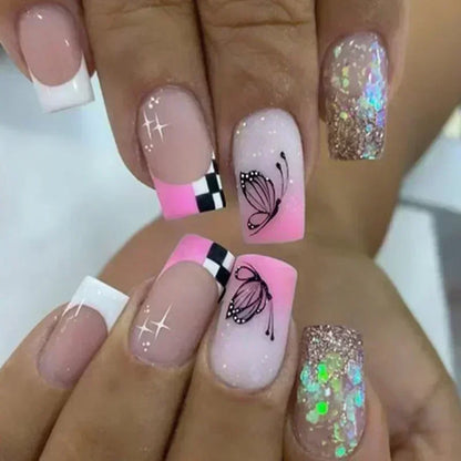 24Pcs Short Square French False Nails with Flower Shiny White Edge Design Pink Glitter Fake Nails Full Cover Press on Nails Tips