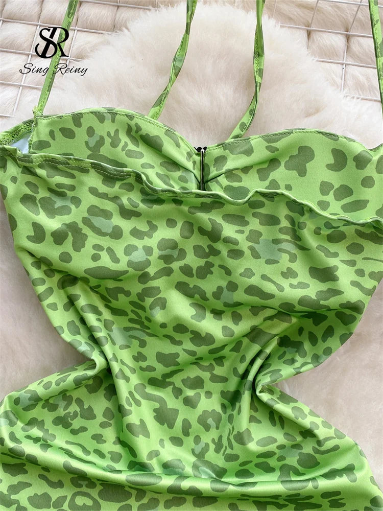 SINGREINY Leopard Irregular Halter Sundress Sleeveless Backless Slim Fit Bodycon Dress