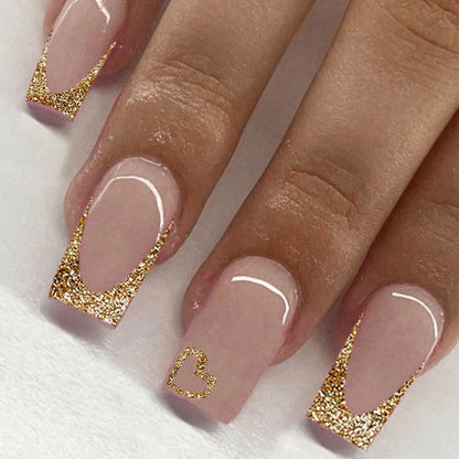 24pcs Medium Square Pink France Full Cover Fake Nail Set - Short Coffin Press On Nails Love Design For Girl Mother Women Gift