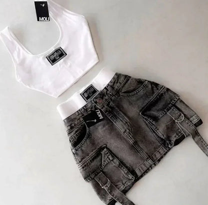 Korean sweet style suspender top two-piece set with low waist and spliced sexy slim casual