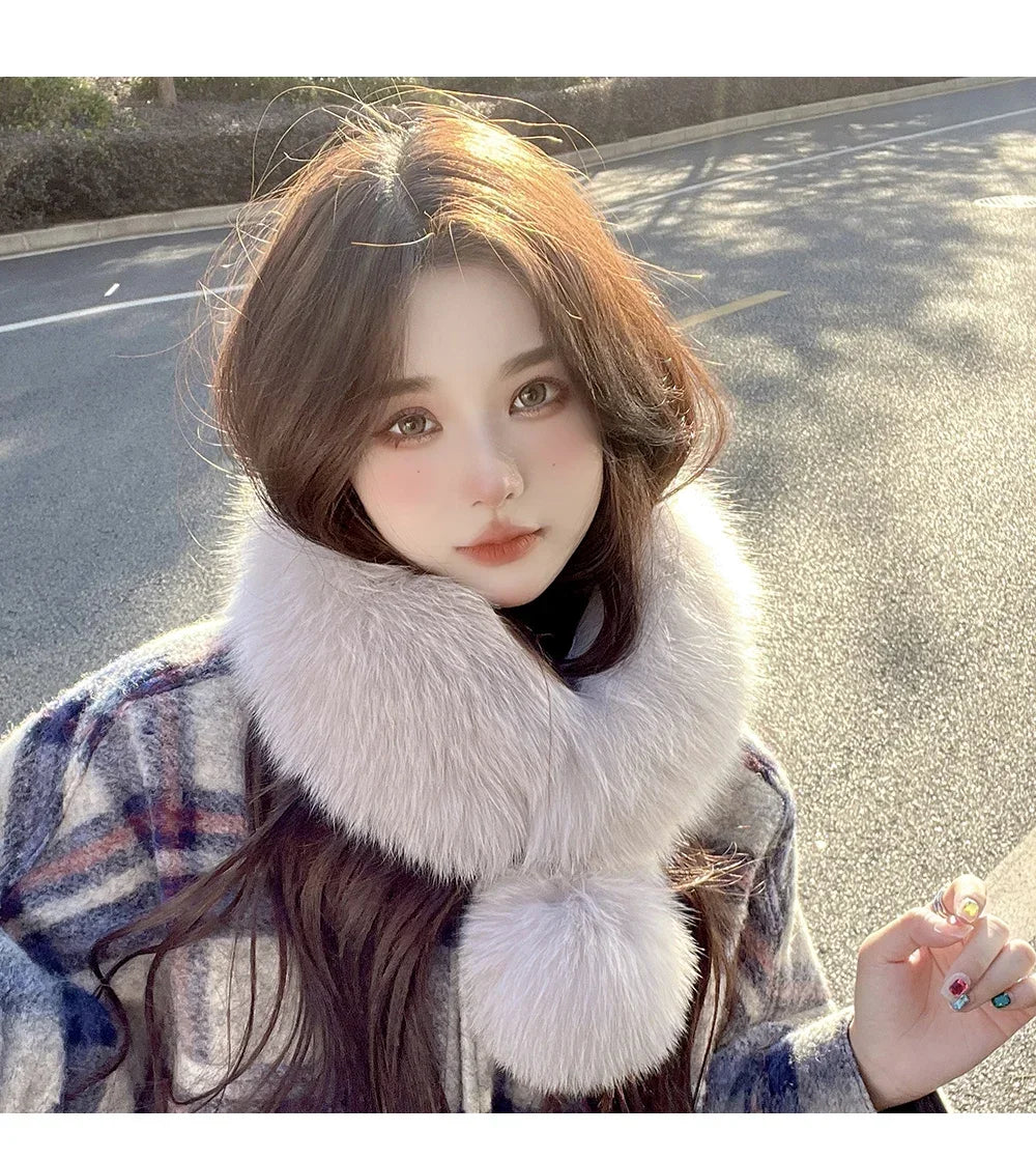 Winter New Imitating Fox Fur Scarf with Pom Pom Fashion Warm Genuine Fur Scarves Thick Warm