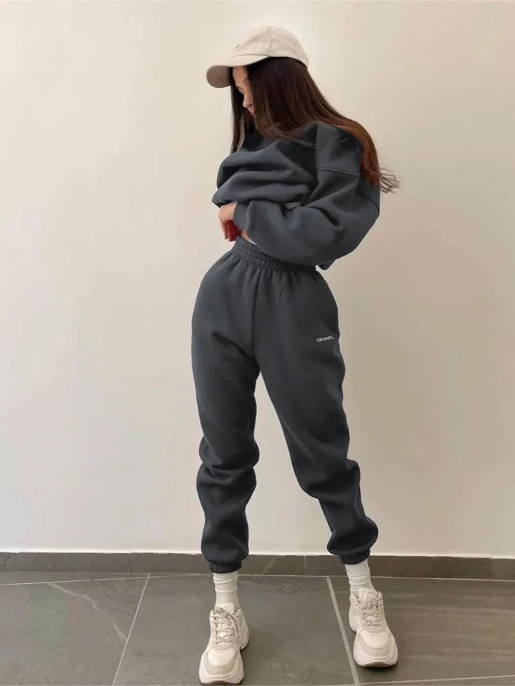 Autumn And Winter New Casual Sports Women's Suit Fashion Solid Color Simple Warm Pants Hoodie Female 2 Piece