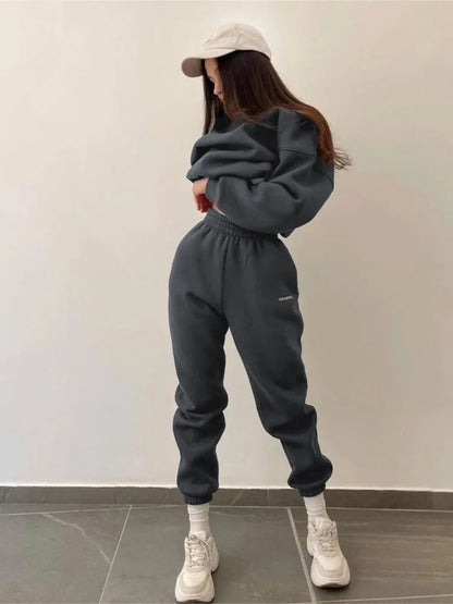 Autumn And Winter New Casual Sports Women's Suit Fashion Solid Color Simple Warm Pants Hoodie Female 2 Piece