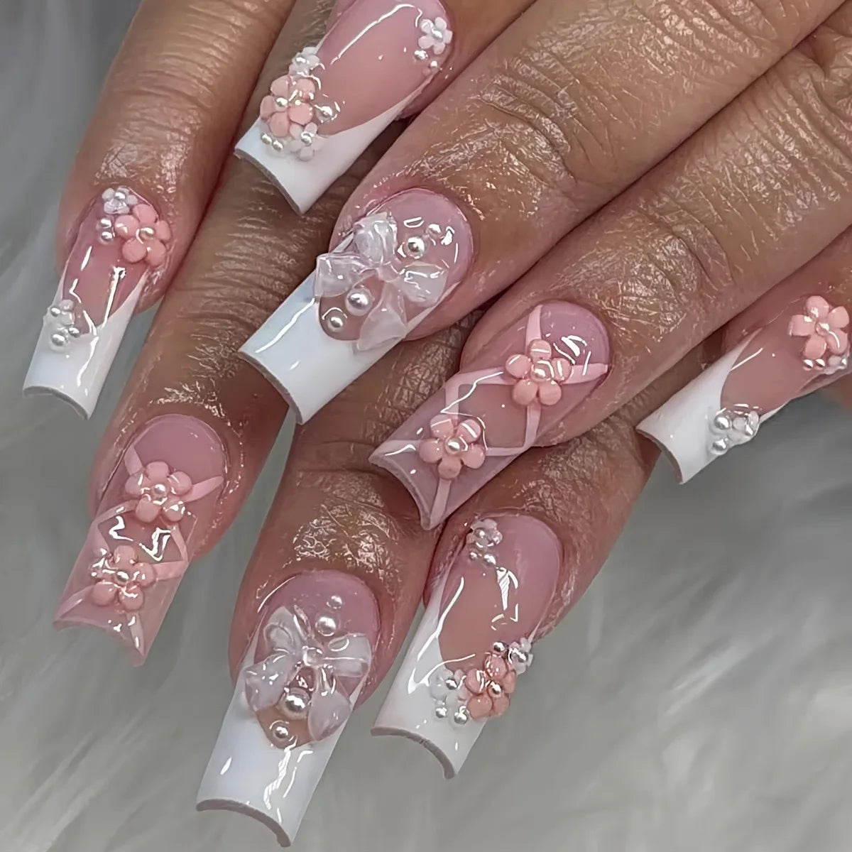 24pcs Artifical Bails With Glue Fake Nail Tips With Design Detachable Press On Nails Long Fake Nail Finished Nail Piece Sticker