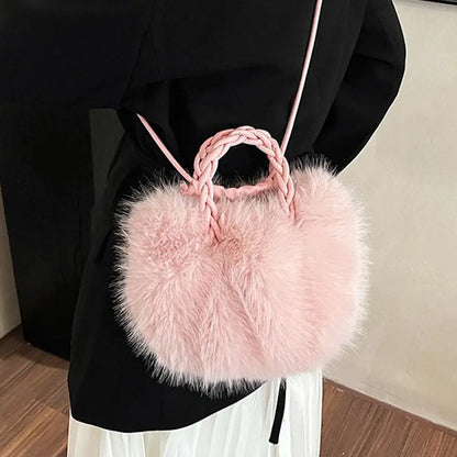 Cute Pumpkin Bag Faux Fur Tote Bag Women's Bucket Plush Luxury Design Ladies Handbags Soft Winter Sweet Girl Handbag