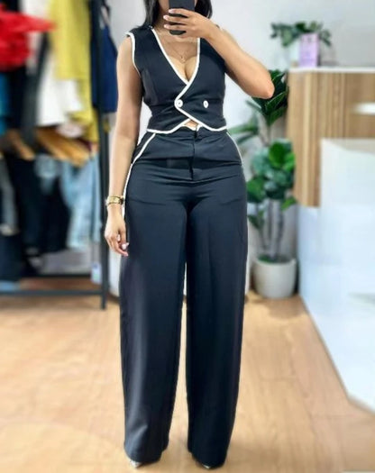 Casual Sexy Elegant V-Neck Buttoned Vest Top & Pocket Design Pants Set Womens Two Piece Sets Outfit