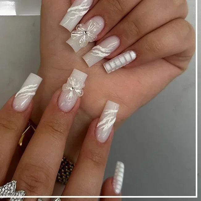 24Pcs Long Ballerina False Nails Press on Nails Serpentine Flower with Rhinestones French Fake Nails Wearable White Nail Tips