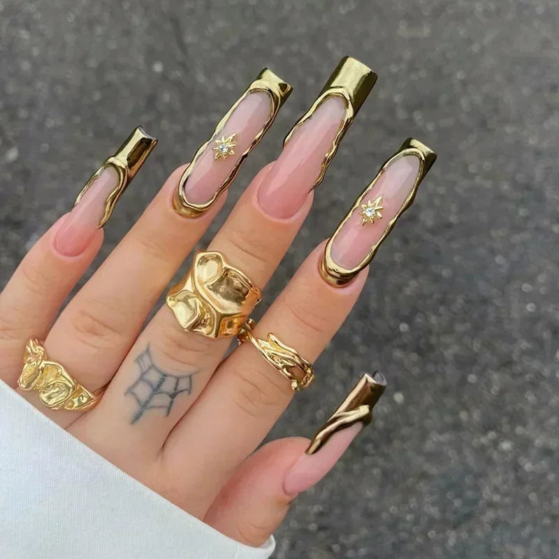 24Pcs Full Cover False Nails with Glue Long Square Coffin Fake Nails French Detachable Ballet Love Pattern Design Press on Nails