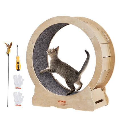 Cat Exercise Wheel Natural Wood Silent Running Toy Treadmill Roller Wheel with Detachable Carpet for Most Cats Pet Fitness
