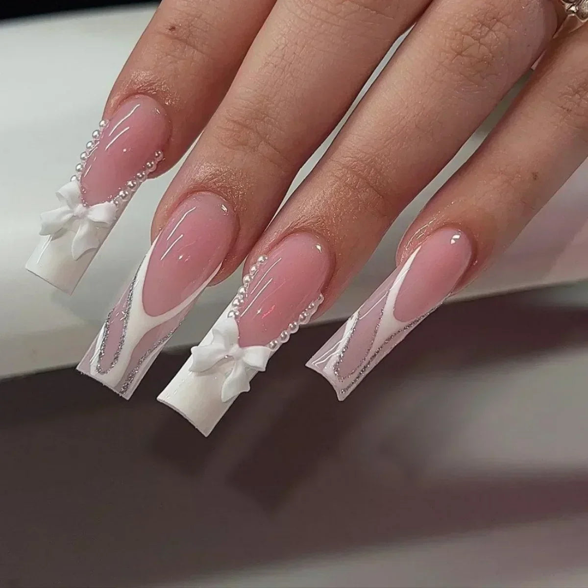 24Pcs Artifical False Nails with Glue Fake Nail Tips with Heart Designs Detachable Press on Nails XLong Finished False Nails tip