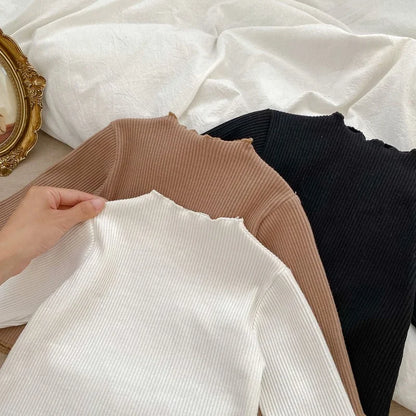 Autumn Baby T-shirt Girl Solid Color Crew Neck Long Sleeve Ribbed