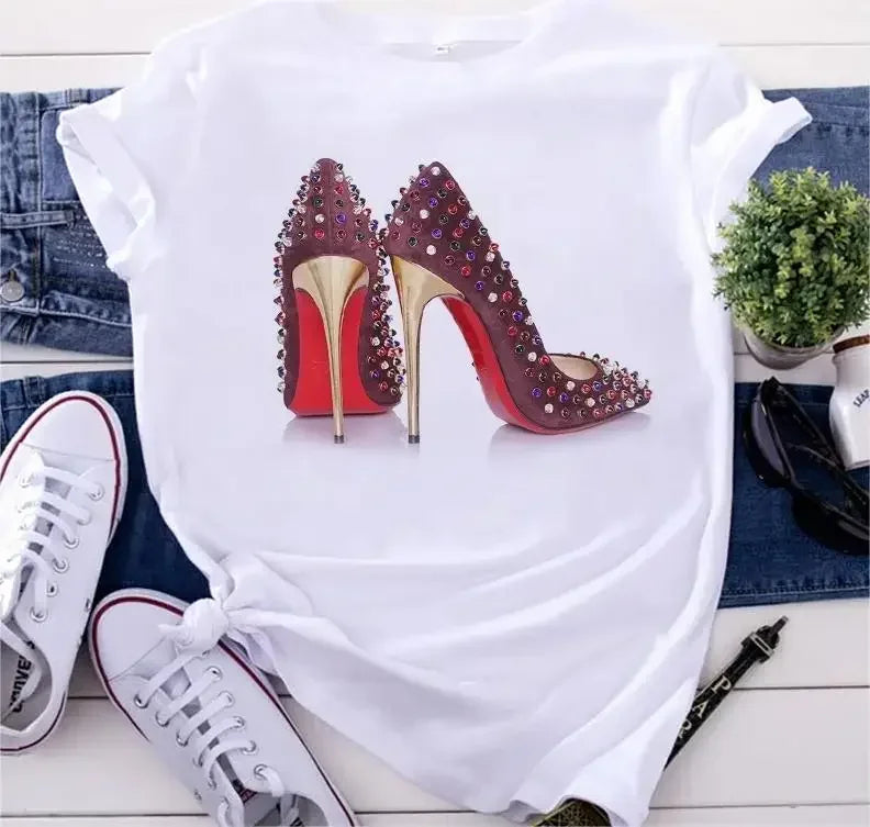 White T Shirt Women Top Casual Tshirt Fashion High Heel Shoes Print Femme Clothing Tshirt Harajuku Short Sleeve Female Tee Shirt