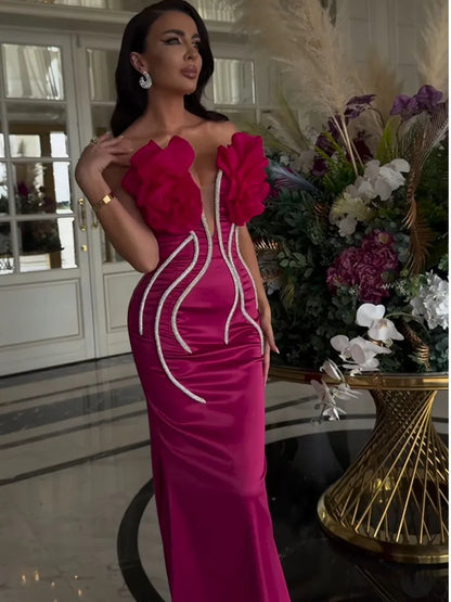 Women Celebrity Sexy Strapless Backless Beading Diamonds Pink Maxi Long Bandage Dress