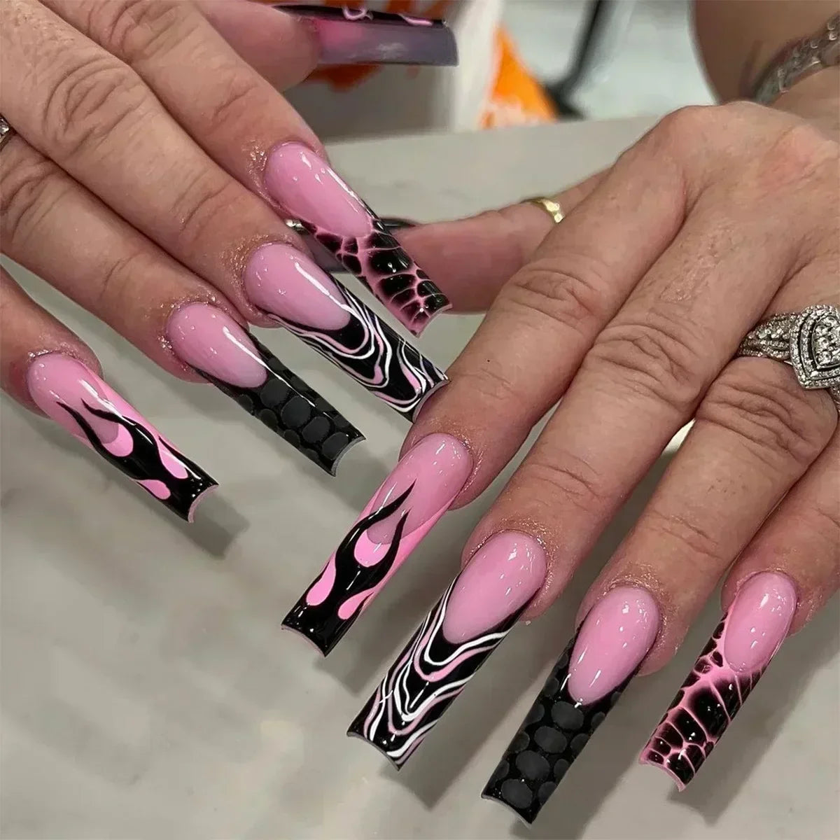 24Pcs Long Ballerina False Nails Press on Nails Serpentine Flower with Rhinestones French Fake Nails Wearable White Nail Tips