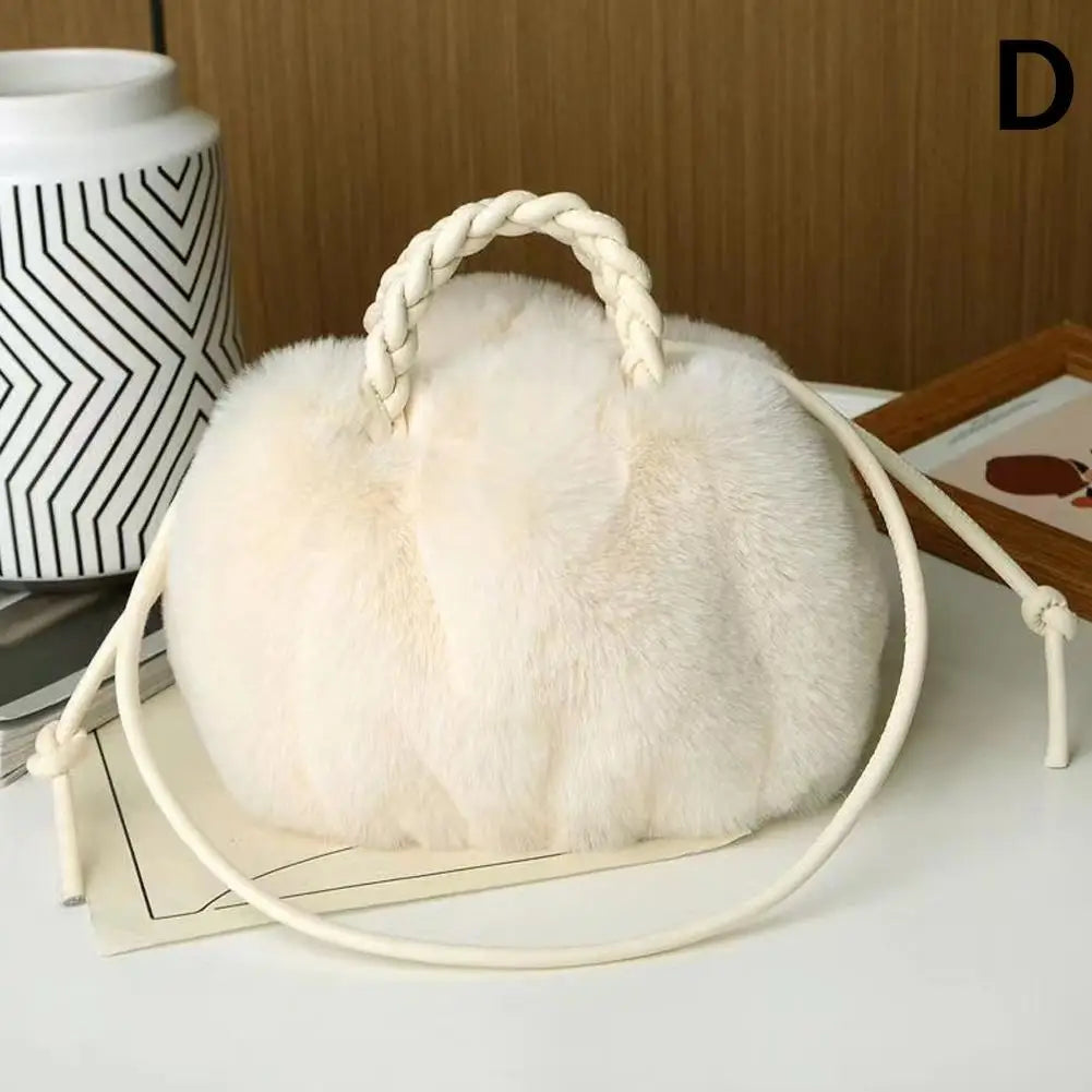 Cute Pumpkin Bag Faux Fur Tote Bag Women's Bucket Plush Luxury Design Ladies Handbags Soft Winter Sweet Girl Handbag