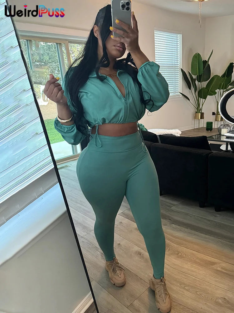 Weird Puss Autumn Women 2 Piece Set Casual Tracksuit Zipper Thin Drawstring Jacket+Leggings Matching Streetwear Sporty Suit