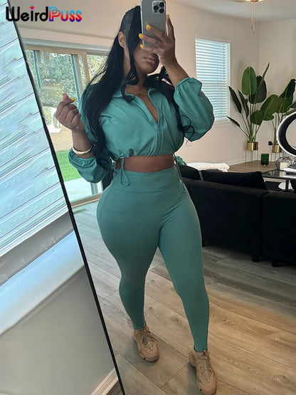 Weird Puss Autumn Women 2 Piece Set Casual Tracksuit Zipper Thin Drawstring Jacket+Leggings Matching Streetwear Sporty Suit