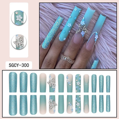 24 Pieces of Long Coffin Shaped Blue Glitter and Gradient Pattern 3D Butterfly Dot Diamond Frosted Fake Nails Summer Series