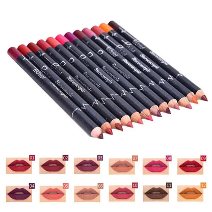 12 Pcs/Set Waterproof Pencil Lipstick Set Pencil Matte Lip Liner Long-lasting Make-up Pens Easy Wearing Non-Sticky Cups