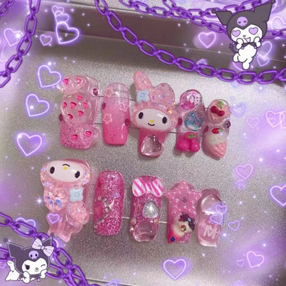 10Pcs Y2k Press on Nails Pink Wearing Nail with Kawaii Sanrios