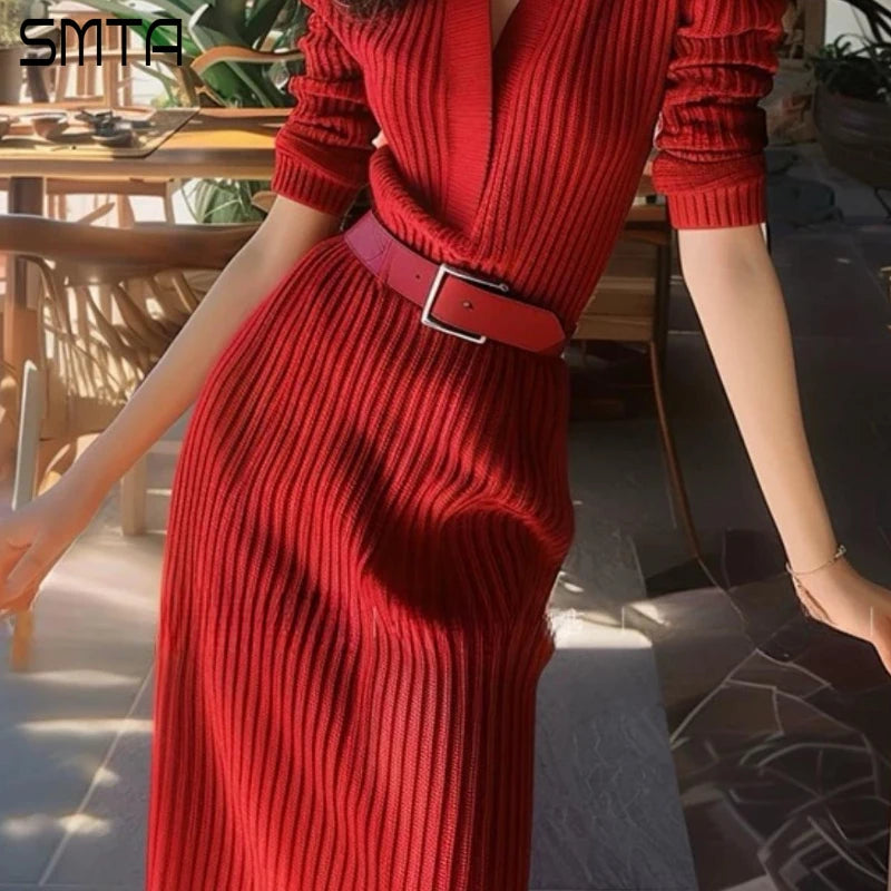 Red Knitted Sweater Dresses for Women V-Neck Long Sleeve Belted Night Club Party Dress Autumn
