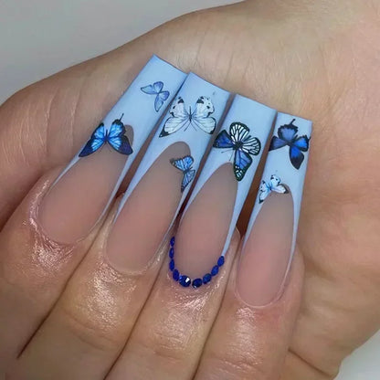 24Pcs False Nails Long Coffin Ballet French with Rhinestones Wearable Fake Nails Blue Flower Full Cover Press on Nails Tips Art