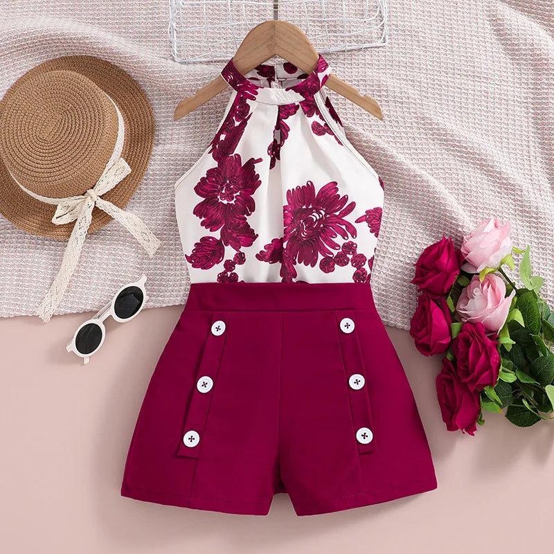 4-12Y Summer Sets For Girls Outfits Sleeveless Halter Neck Heart Top and Black Shorts Children Teenager