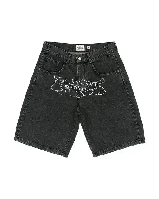 Hip Hop Rhinestones Graphical Baggy Jeans Blue Streetwear Y2k Gothic Shorts