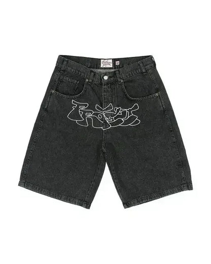 Hip Hop Rhinestones Graphical Baggy Jeans Blue Streetwear Y2k Gothic Shorts