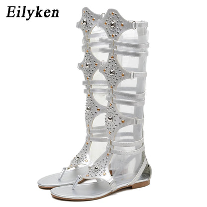 2025 New Golden Gladiator Roman Women Boots Sandals PU Leather Open Toe Knee High Flat Shoes