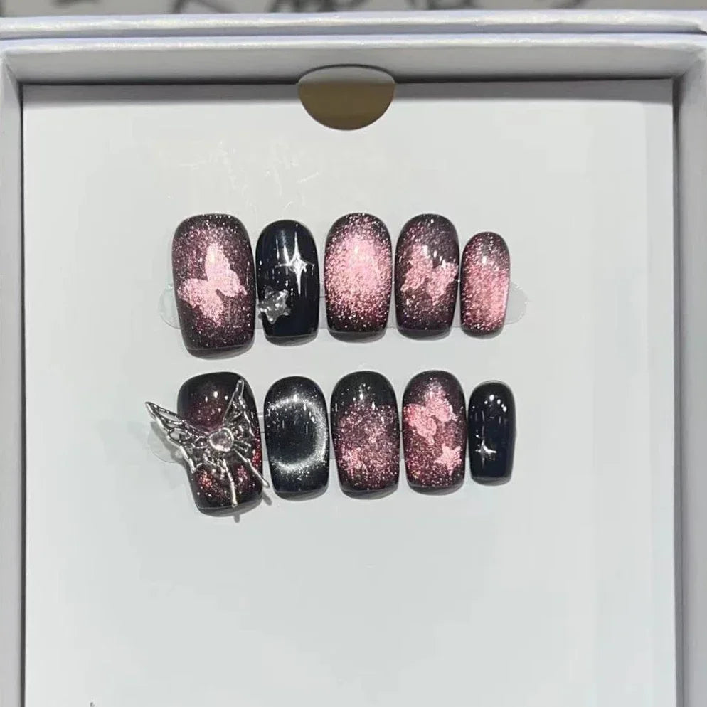 10Pcs Short Handmade Press On Nails Full Cover Cute Cat Cat Eye