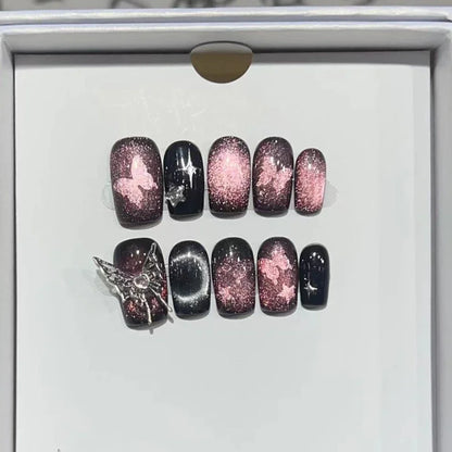 10Pcs Short Handmade Press On Nails Full Cover Cute Cat Cat Eye